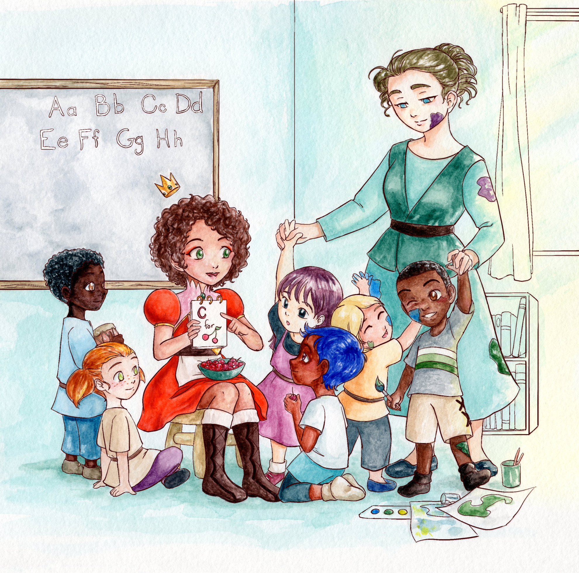 Princess Amina teaching a diverse group of school children the letter 'C' is for cherries while an exhuasted, paint covered teacher looks on.